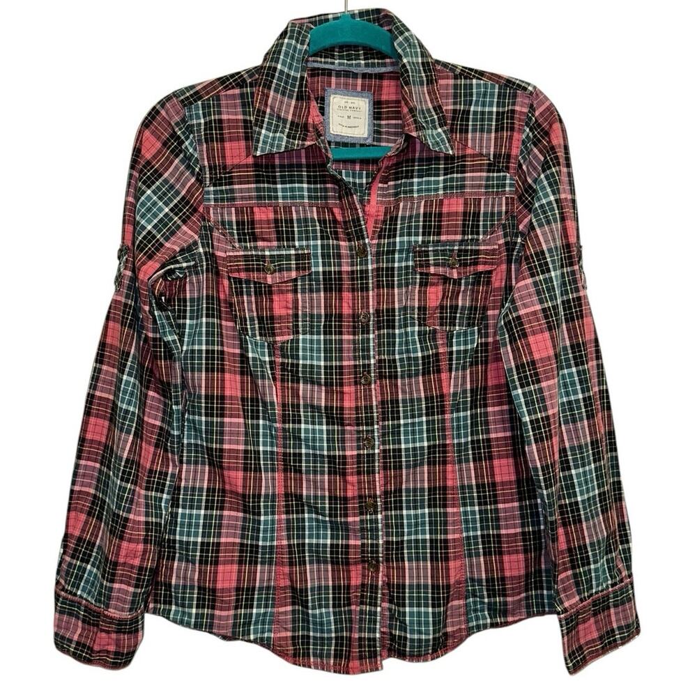 Old Navy Vintage Plaid Button Down Shirt Medium Pink Green Tab Sleeve Casual